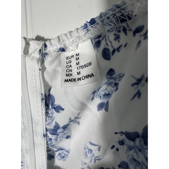 Floral Midi Dress Womens Medium Blue White Puff Sleeve Cottagecore Boho Summer - Picture 2 of 5